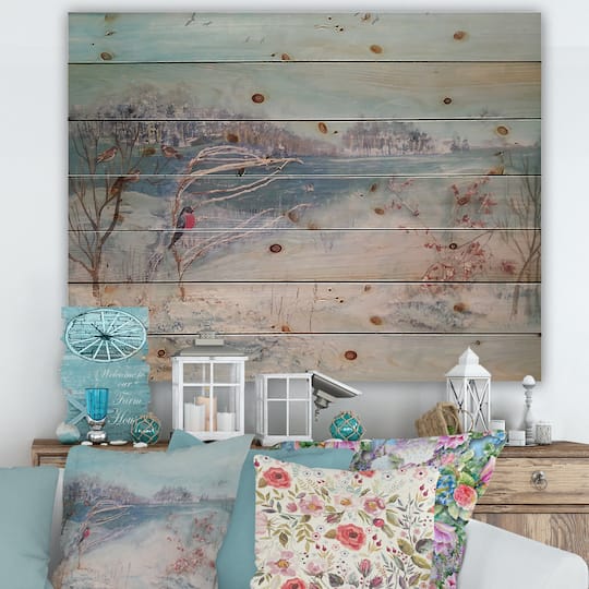 Designart - Winter Trees River and Birds